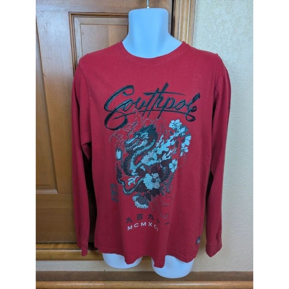 Southpole Dragon and Flower Long Sleeve Tee in Red Black Sz. M